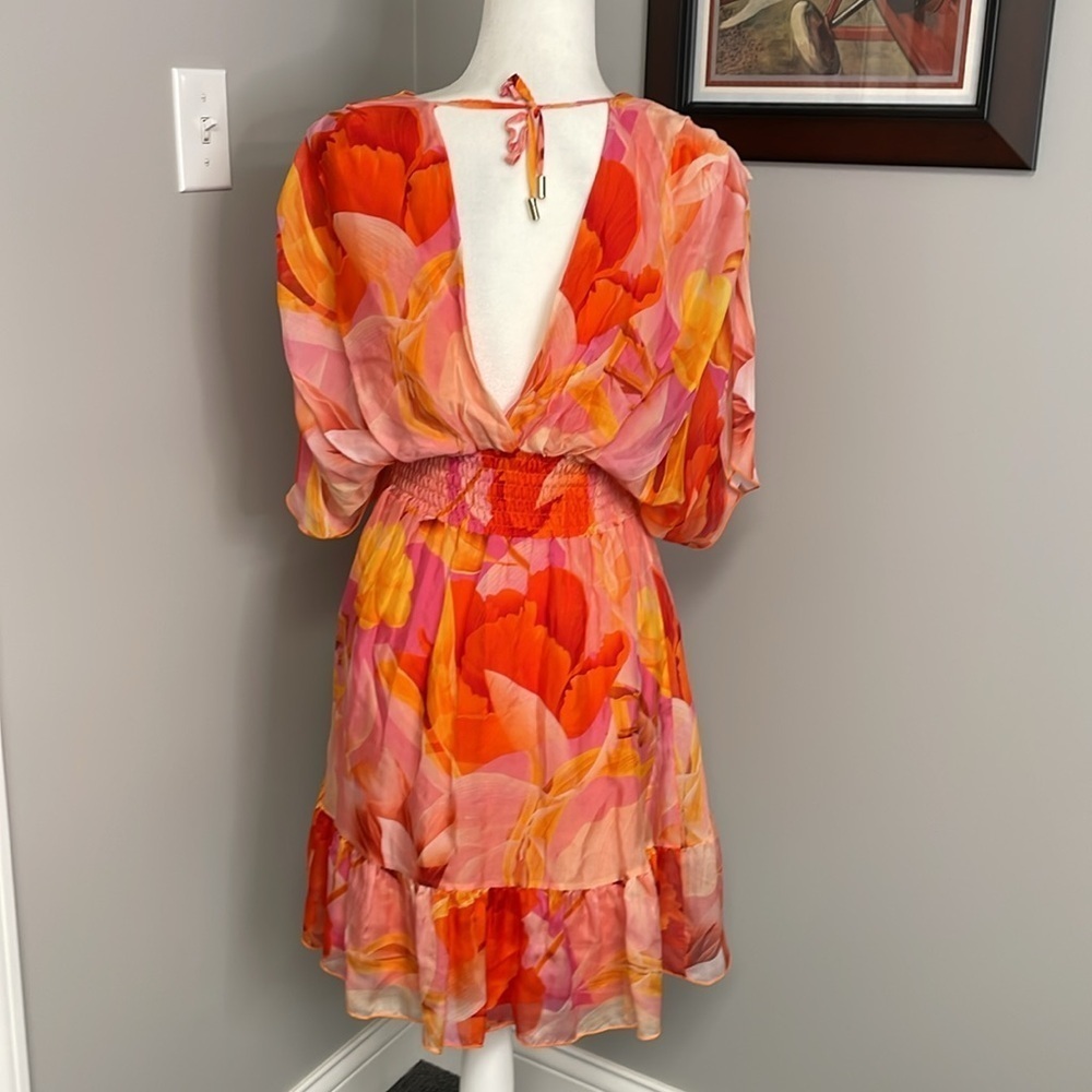 Liu Jo Pink Orange Floral Ruffle Mini Dress Silk Feminine Flowy Beach Resortwear - Picture 6 of 10
